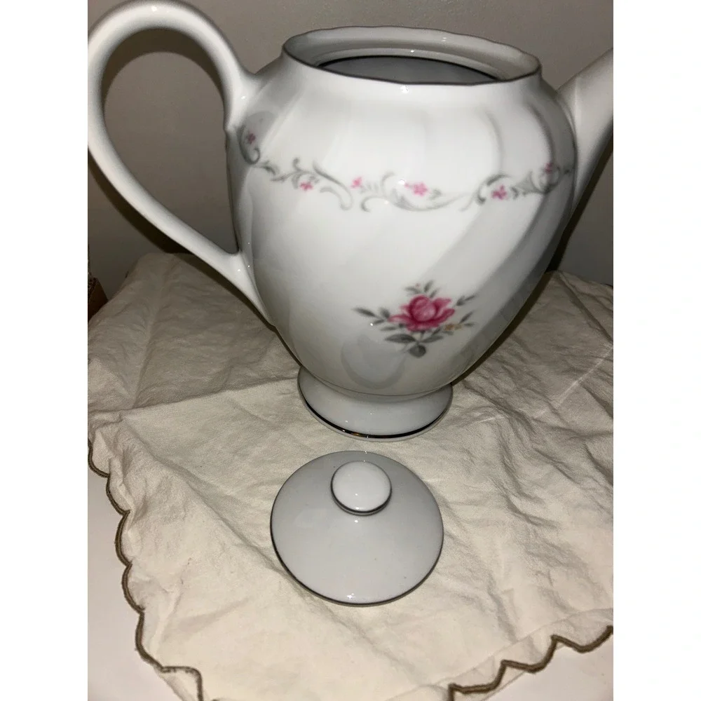 Royal Swirl Fine China Teapot Pink Rose Silver Trim Vintage Japan Floral Tea Pot